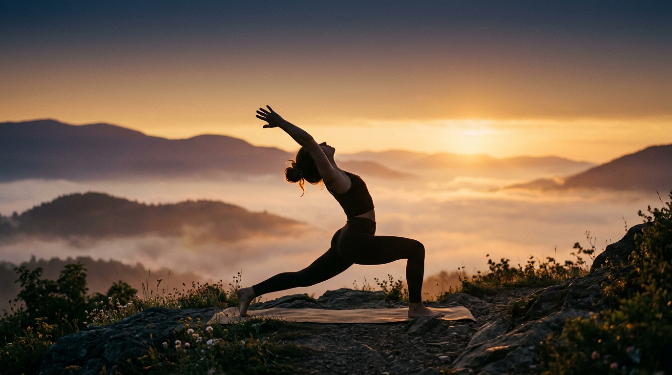 Yogi practicing yoga at sunrise in the mountains