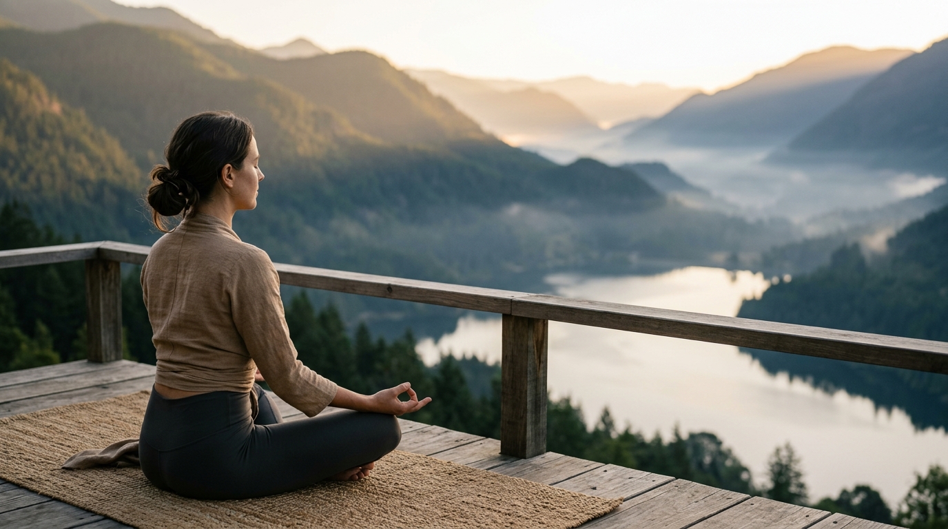 Yoga instructor meditating peacefully overlooking scenic mountains at sunrise